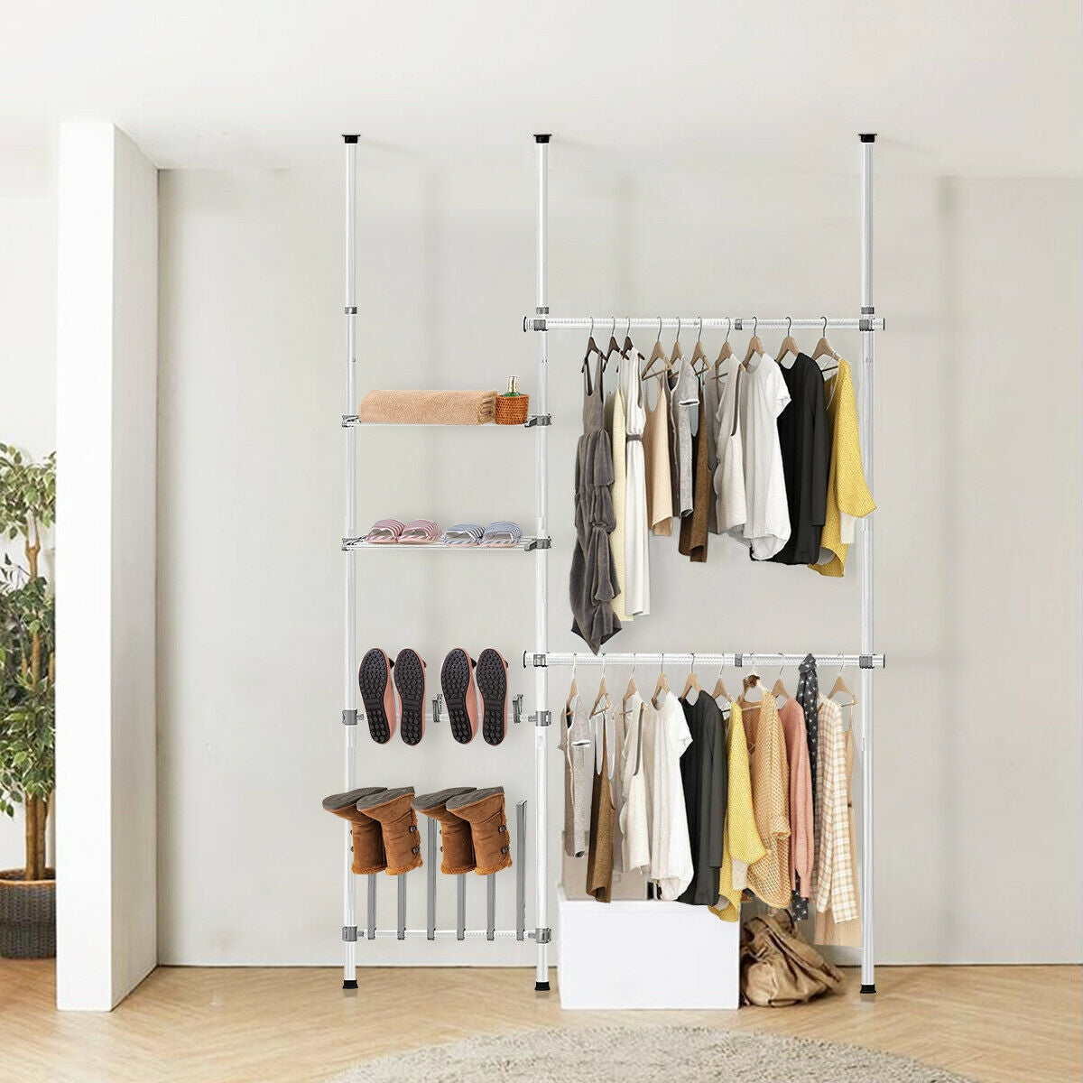 Adjustable 2-Tier Telescopic Garment Rack with Shoe Storage & Shelf – Multi-Functional Clothes Organizer