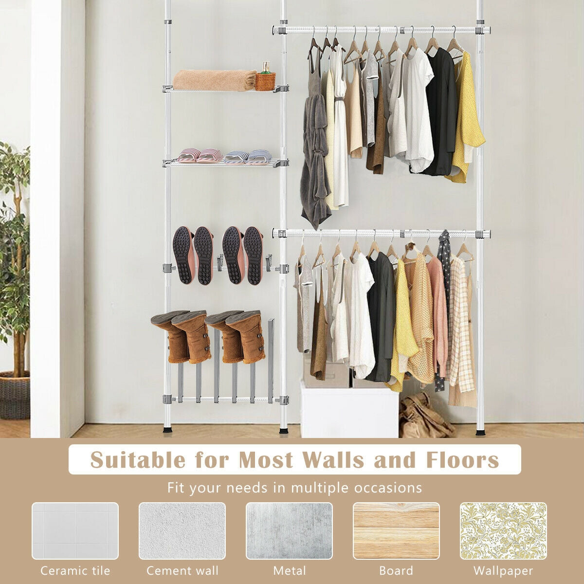 Adjustable 2-Tier Telescopic Garment Rack with Shoe Storage & Shelf – Multi-Functional Clothes Organizer