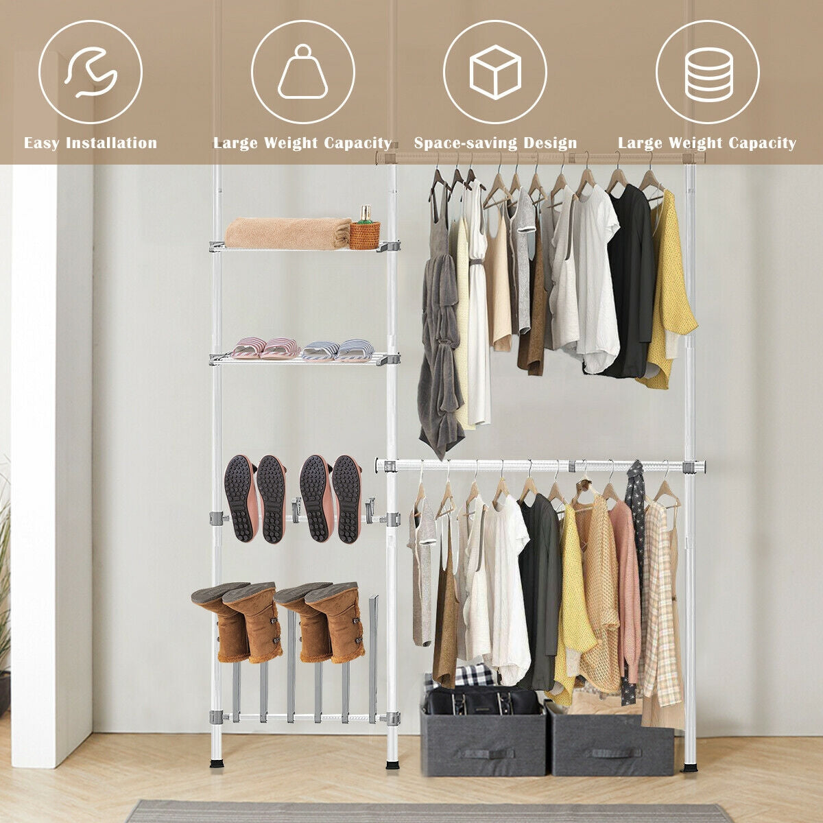 Adjustable 2-Tier Telescopic Garment Rack with Shoe Storage & Shelf – Multi-Functional Clothes Organizer