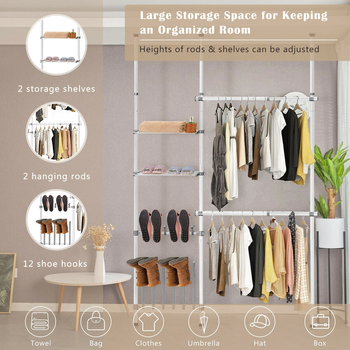 Adjustable 2-Tier Telescopic Garment Rack with Shoe Storage & Shelf – Multi-Functional Clothes Organizer