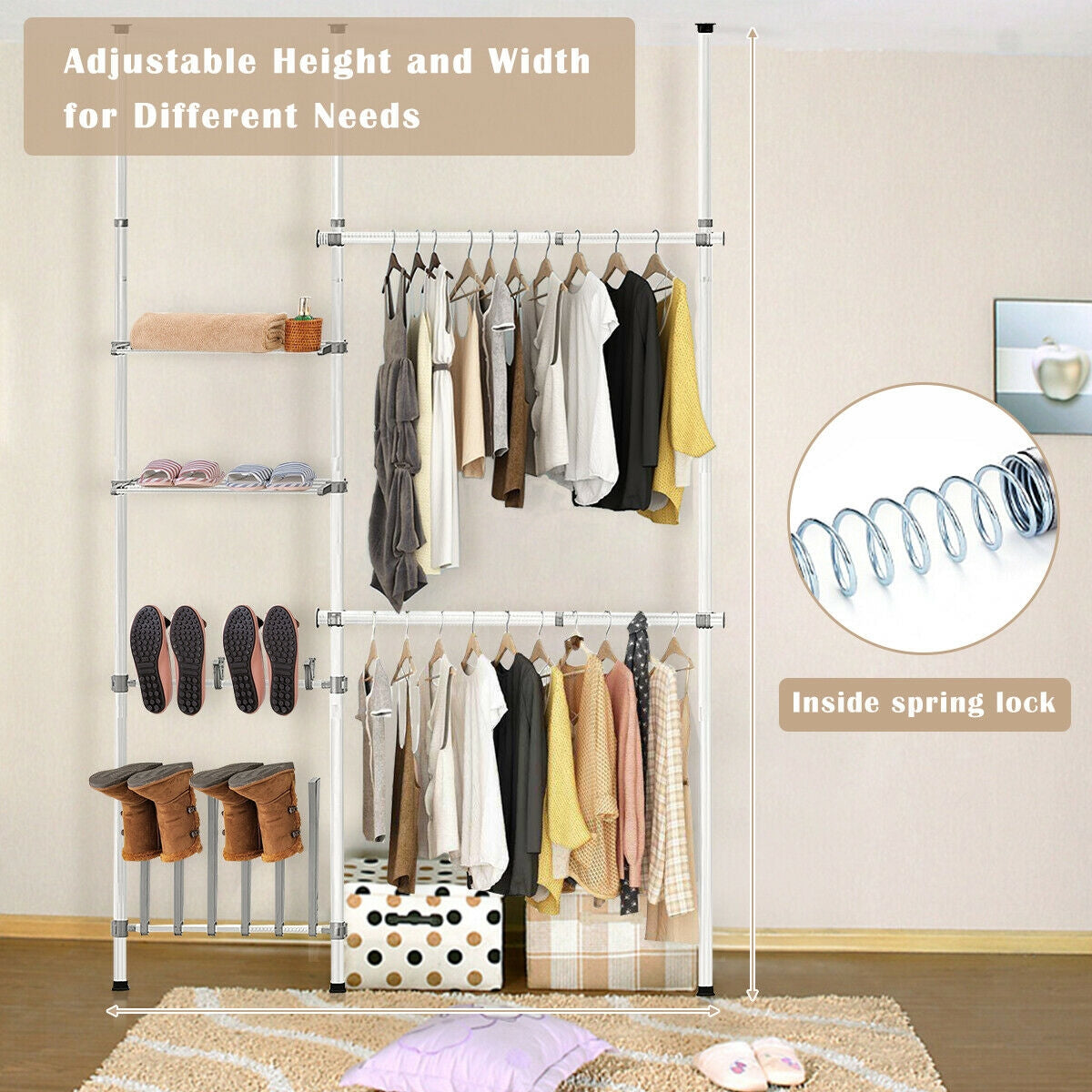 Adjustable 2-Tier Telescopic Garment Rack with Shoe Storage & Shelf – Multi-Functional Clothes Organizer