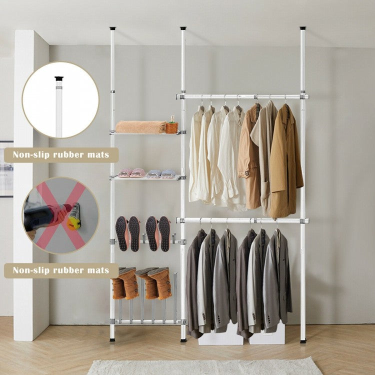 Adjustable 2-Tier Telescopic Garment Rack with Shoe Storage & Shelf – Multi-Functional Clothes Organizer