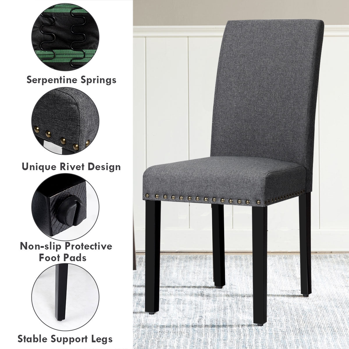 Set of 2 Stylish Upholstered Dining Chairs with Nailhead Accents - Grey
