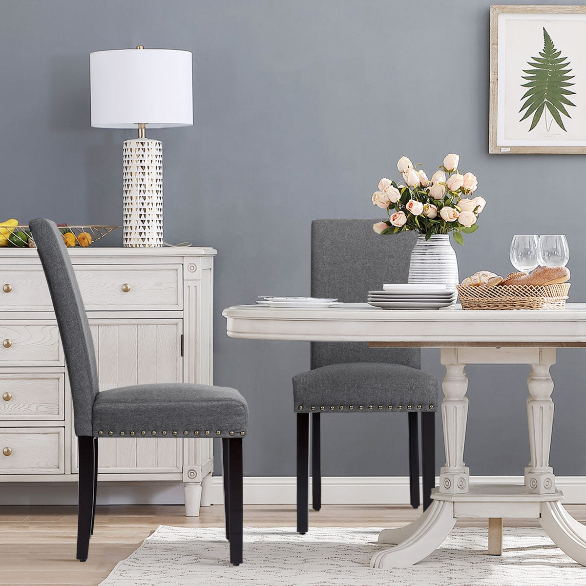 Set of 2 Stylish Upholstered Dining Chairs with Nailhead Accents - Grey