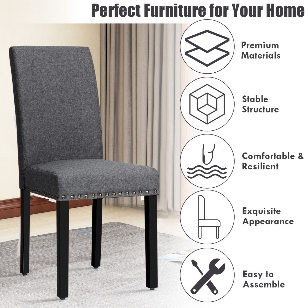 Set of 2 Stylish Upholstered Dining Chairs with Nailhead Accents - Grey
