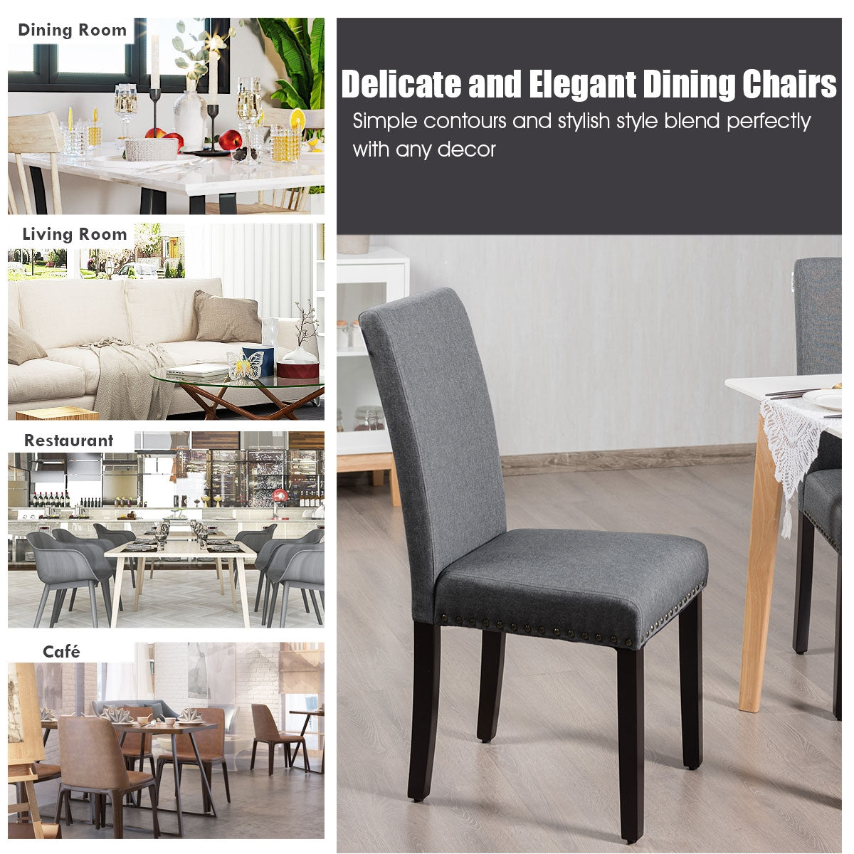 Set of 2 Stylish Upholstered Dining Chairs with Nailhead Accents - Grey
