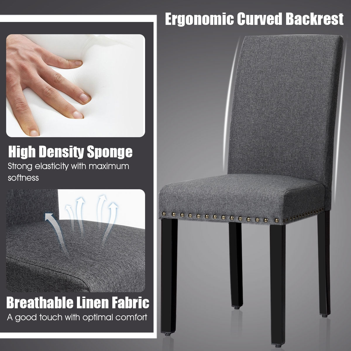 Set of 2 Stylish Upholstered Dining Chairs with Nailhead Accents - Grey