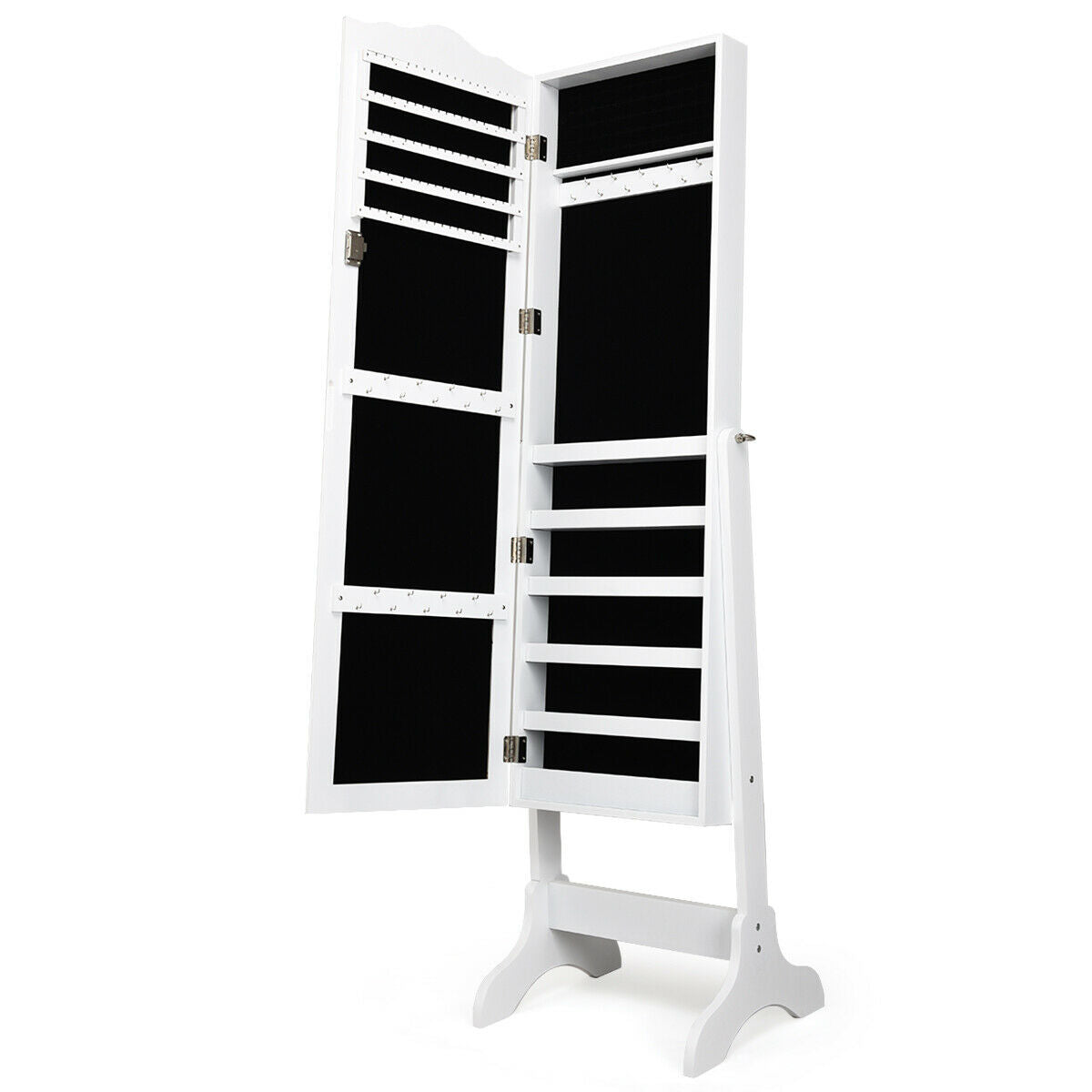 Freestanding Lockable Jewelry Armoire with Full-Length Mirror and Velvet-Lined Storage Organizer – White