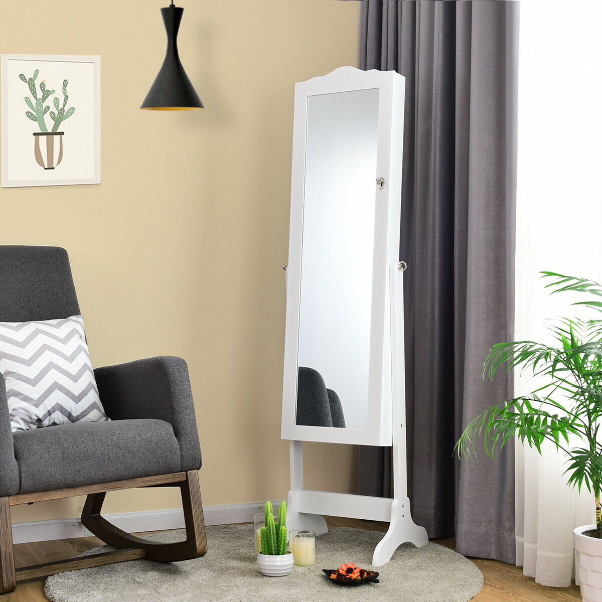 Freestanding Lockable Jewelry Armoire with Full-Length Mirror and Velvet-Lined Storage Organizer – White