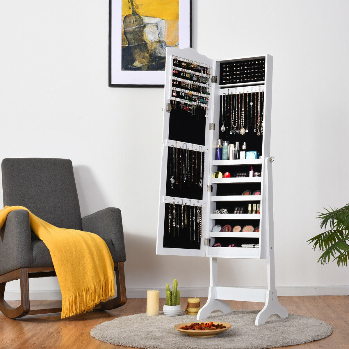 Freestanding Lockable Jewelry Armoire with Full-Length Mirror and Velvet-Lined Storage Organizer – White