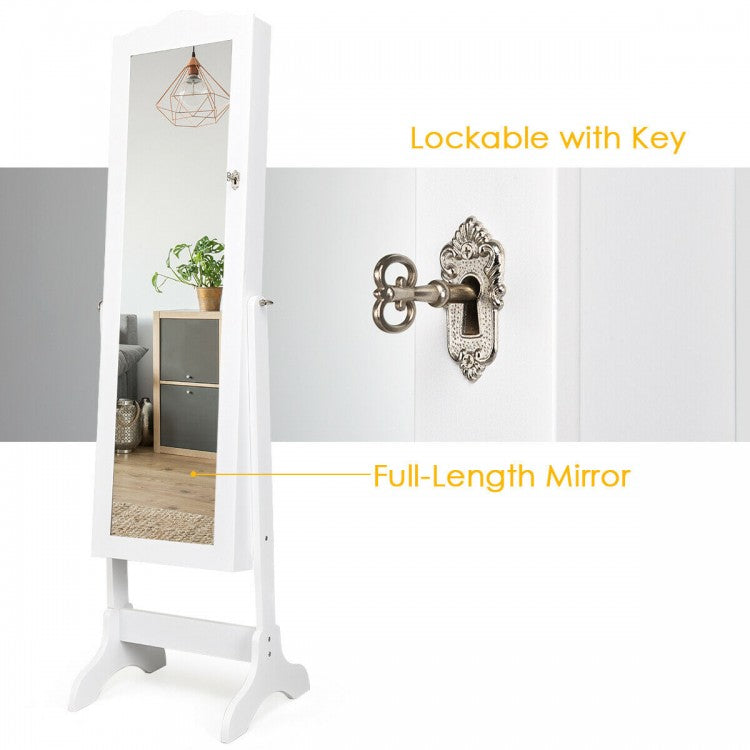 Freestanding Lockable Jewelry Armoire with Full-Length Mirror and Velvet-Lined Storage Organizer – White