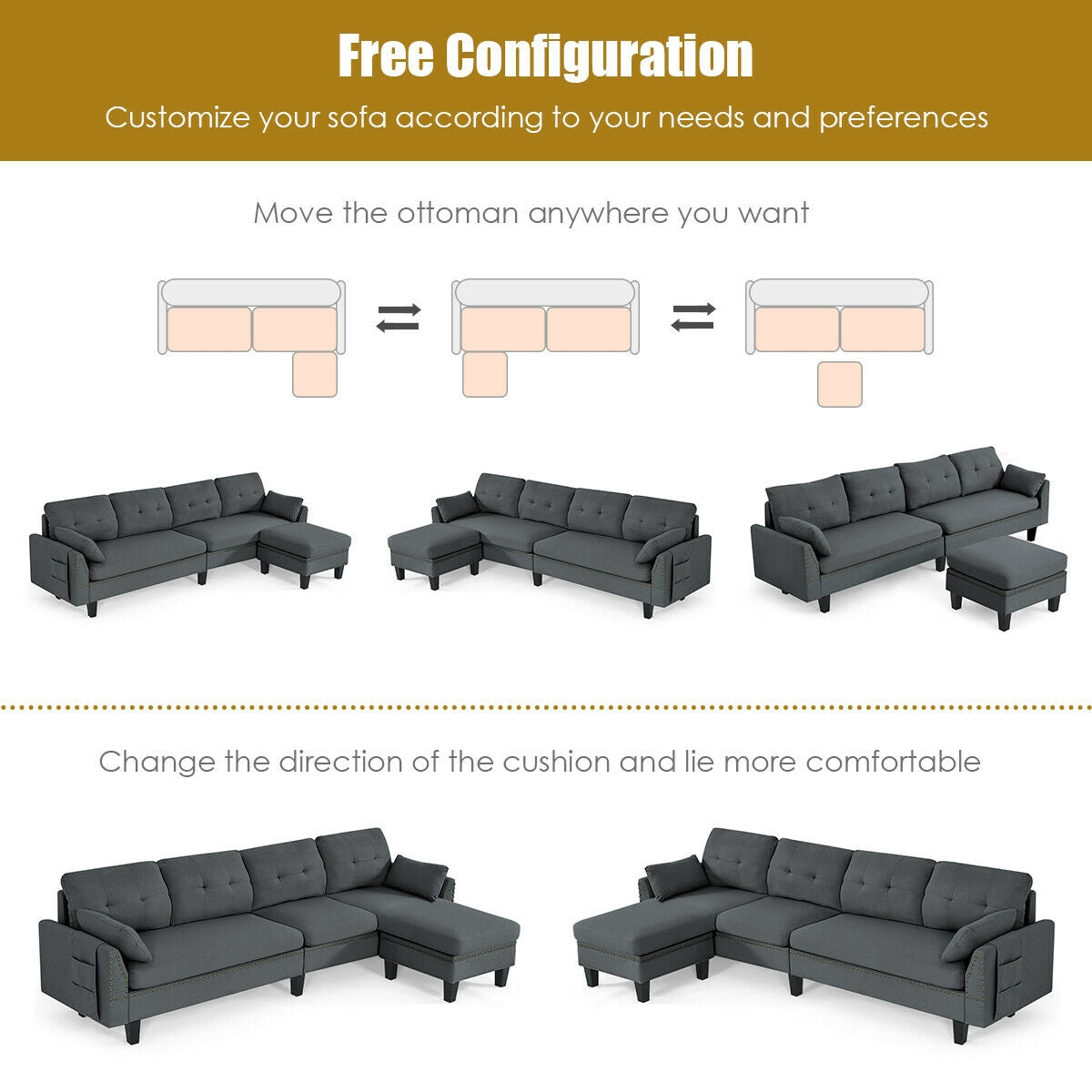 L-Shaped Sectional Sofa with Reversible Ottoman, Linen Upholstery, Storage, and Removable Cushions
