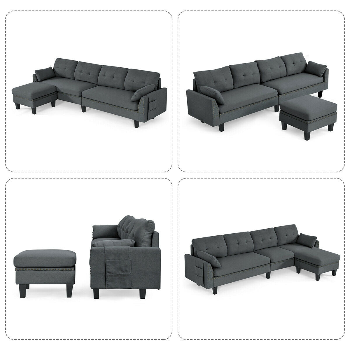L-Shaped Sectional Sofa with Reversible Ottoman, Linen Upholstery, Storage, and Removable Cushions