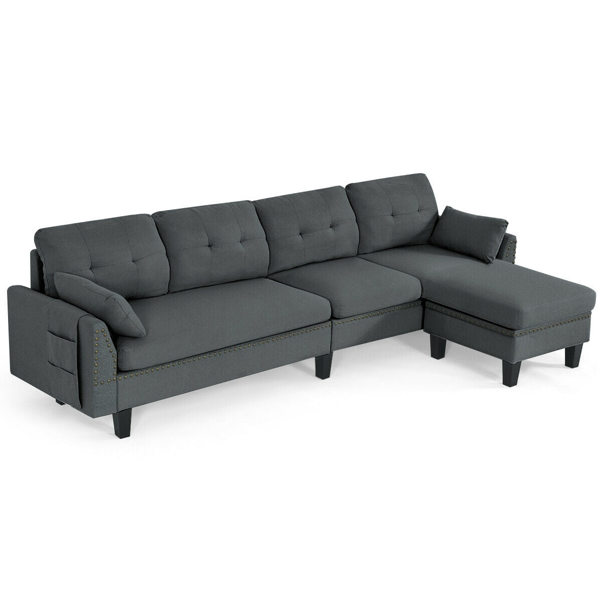 L-Shaped Sectional Sofa with Reversible Ottoman, Linen Upholstery, Storage, and Removable Cushions