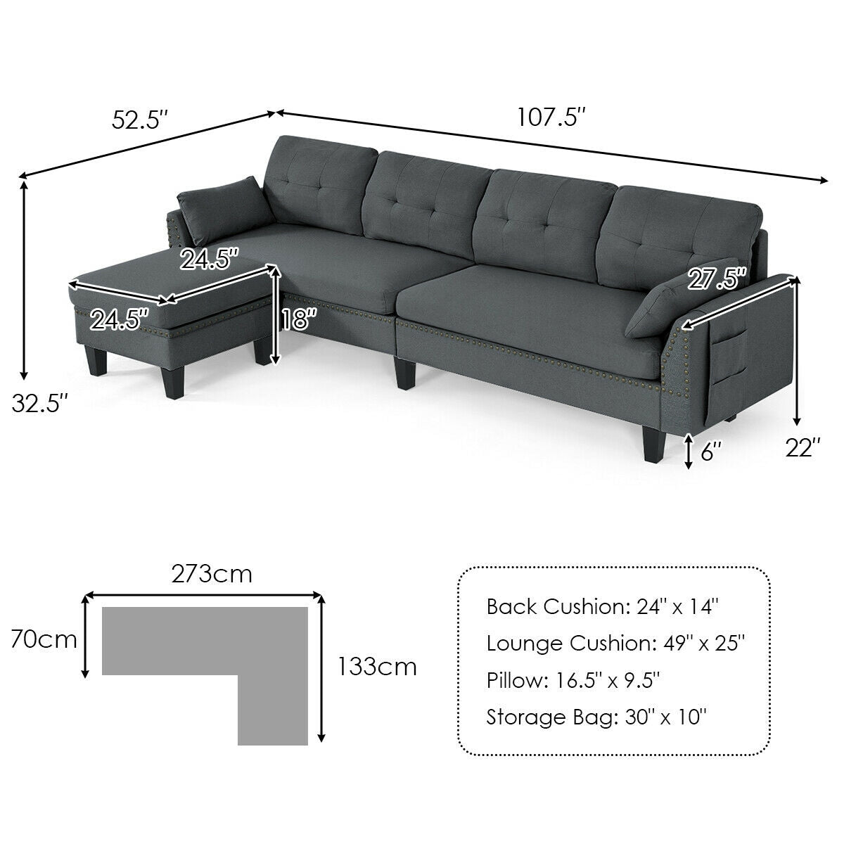 L-Shaped Sectional Sofa with Reversible Ottoman, Linen Upholstery, Storage, and Removable Cushions
