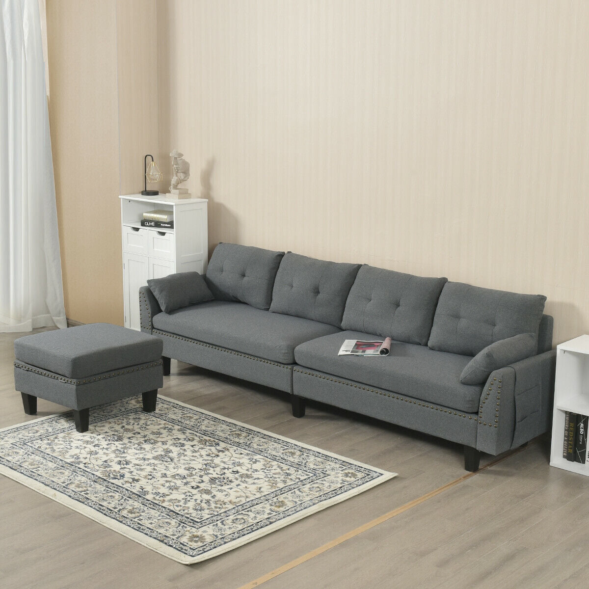 L-Shaped Sectional Sofa with Reversible Ottoman, Linen Upholstery, Storage, and Removable Cushions