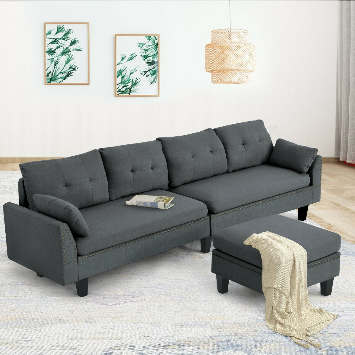 L-Shaped Sectional Sofa with Reversible Ottoman, Linen Upholstery, Storage, and Removable Cushions