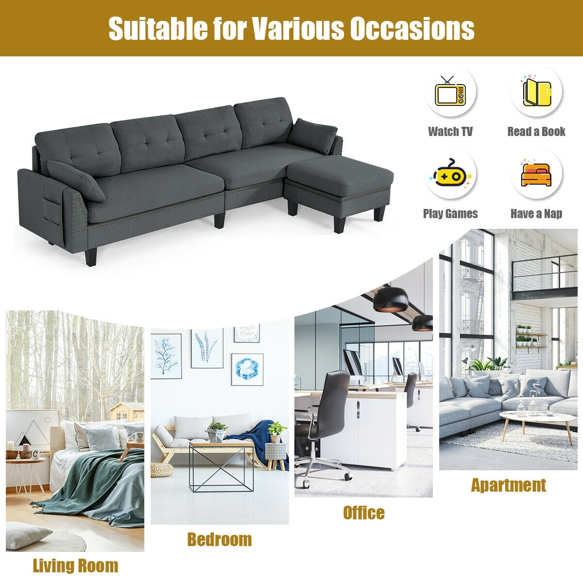 L-Shaped Sectional Sofa with Reversible Ottoman, Linen Upholstery, Storage, and Removable Cushions