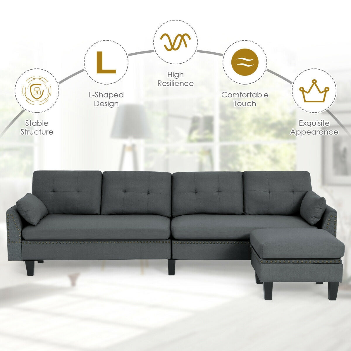 L-Shaped Sectional Sofa with Reversible Ottoman, Linen Upholstery, Storage, and Removable Cushions