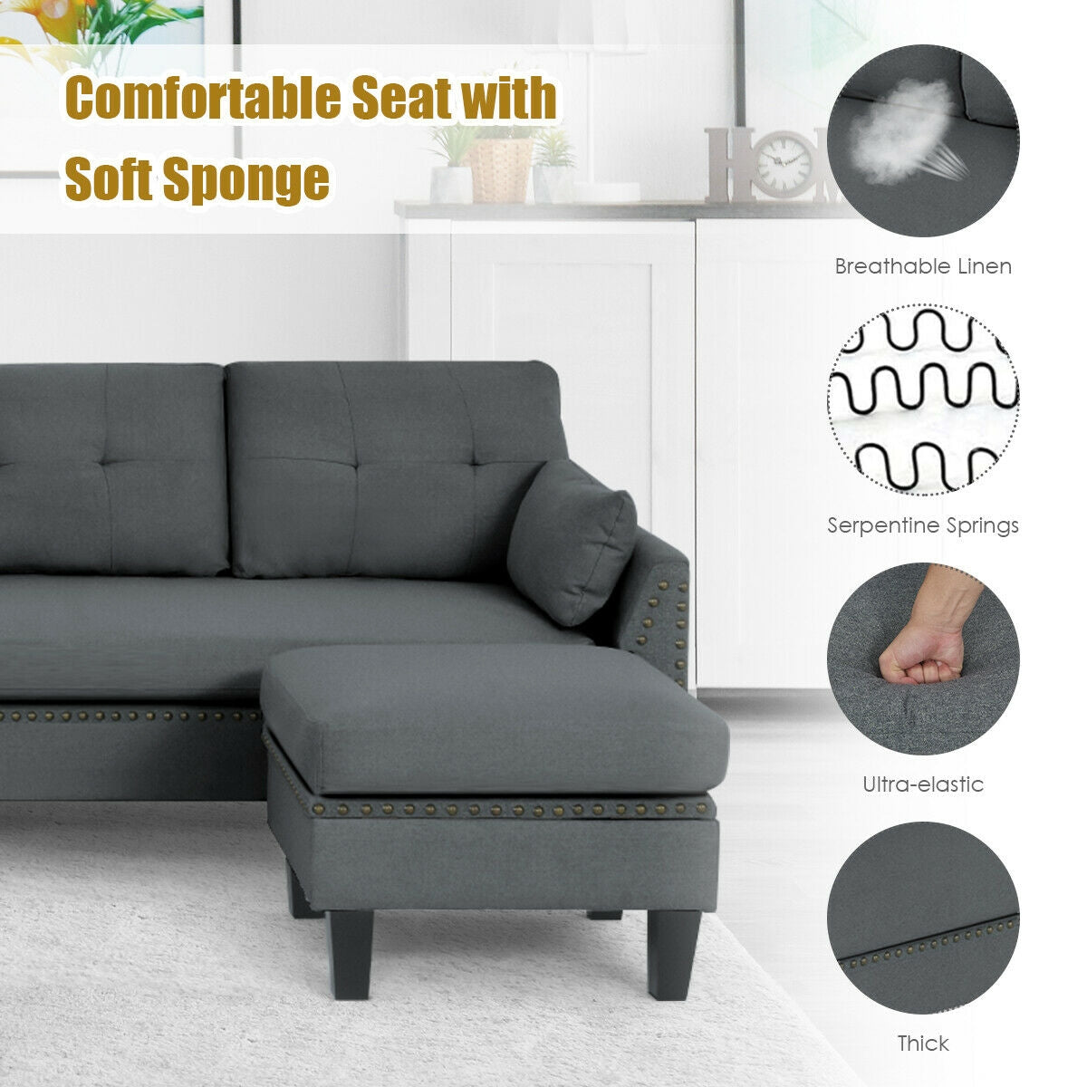 L-Shaped Sectional Sofa with Reversible Ottoman, Linen Upholstery, Storage, and Removable Cushions