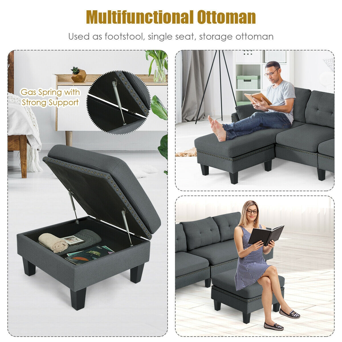 L-Shaped Sectional Sofa with Reversible Ottoman, Linen Upholstery, Storage, and Removable Cushions