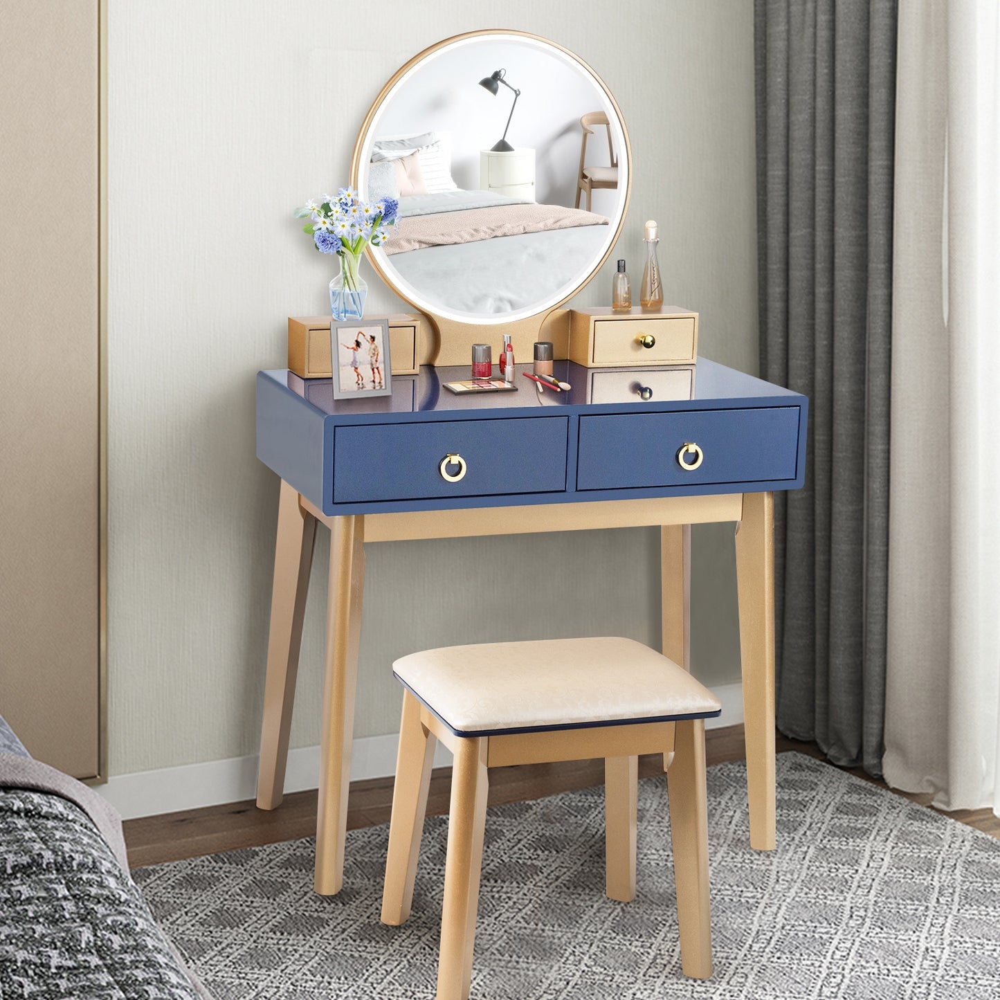 Vanity Set with LED Lighted Mirror, 4 Storage Drawers, Jewelry Organizer, and Cushioned Stool – Blue