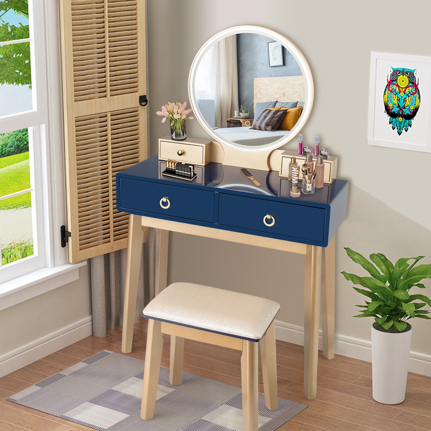 Vanity Set with LED Lighted Mirror, 4 Storage Drawers, Jewelry Organizer, and Cushioned Stool – Blue