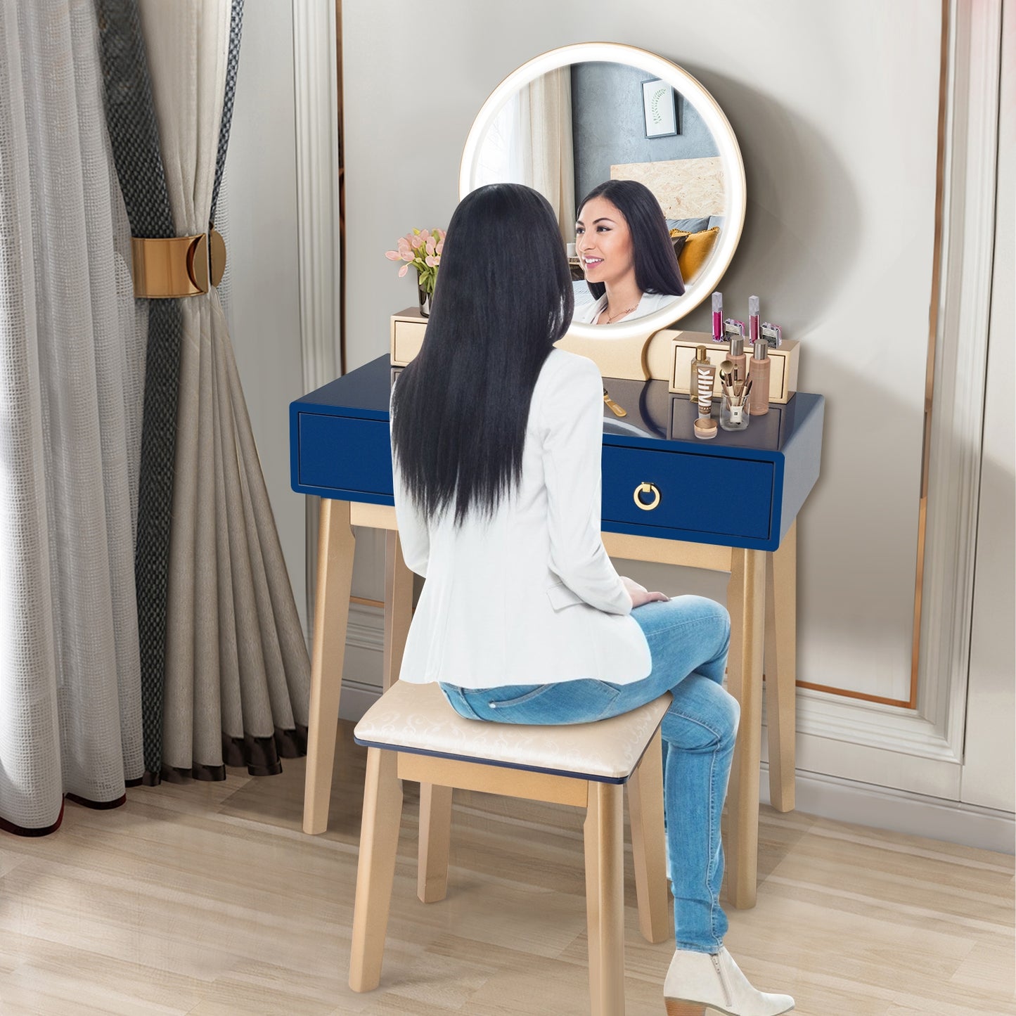 Vanity Set with LED Lighted Mirror, 4 Storage Drawers, Jewelry Organizer, and Cushioned Stool – Blue