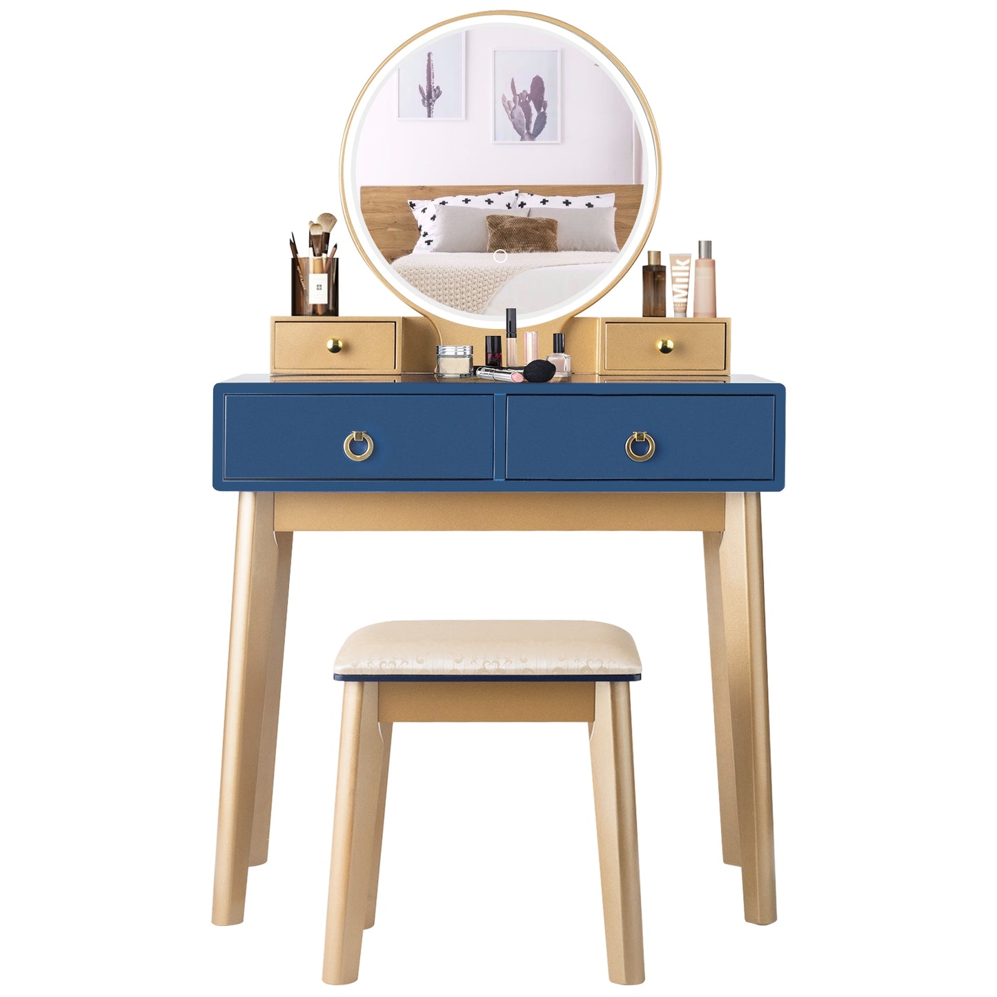 Vanity Set with LED Lighted Mirror, 4 Storage Drawers, Jewelry Organizer, and Cushioned Stool – Blue