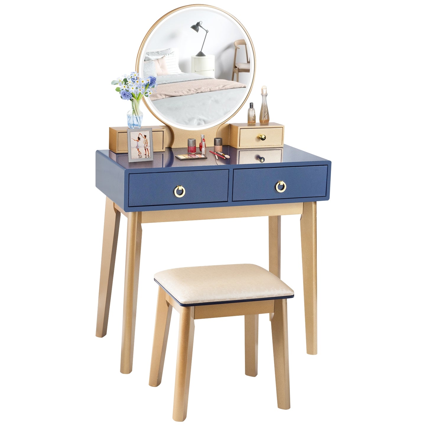 Vanity Set with LED Lighted Mirror, 4 Storage Drawers, Jewelry Organizer, and Cushioned Stool – Blue