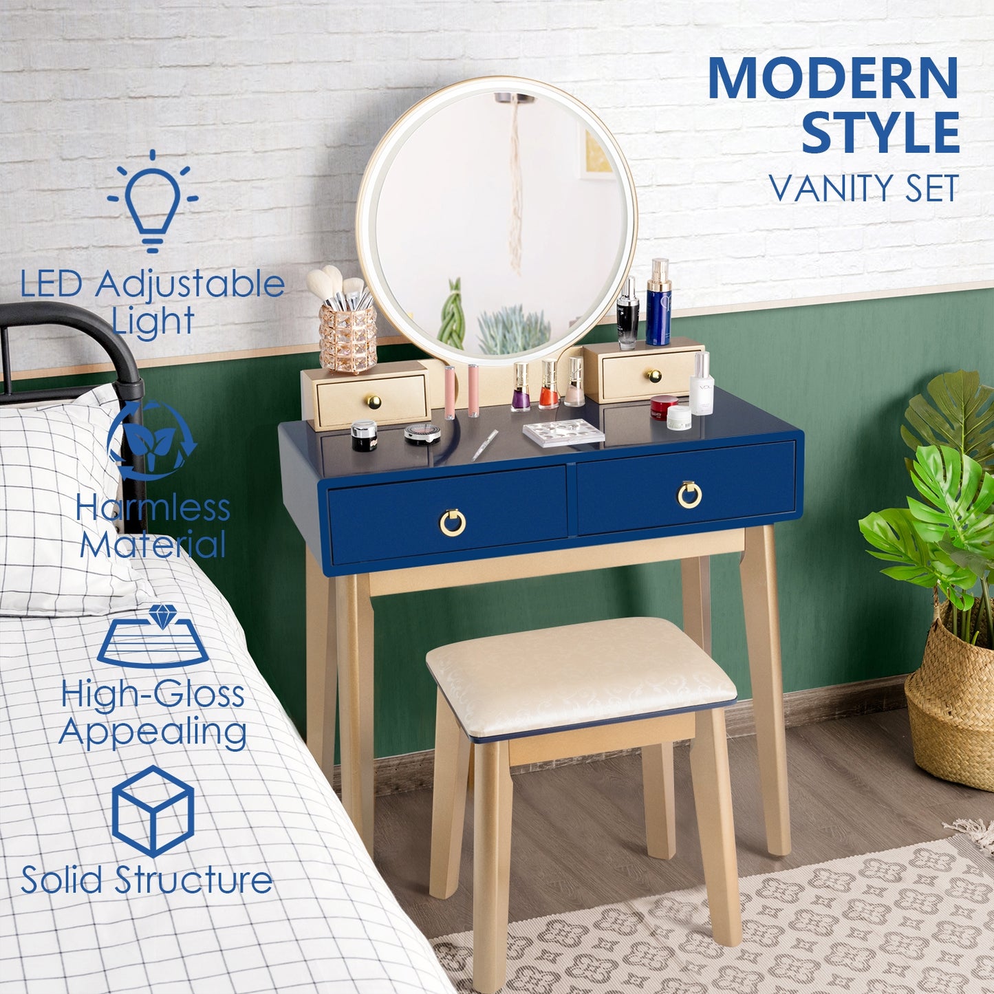 Vanity Set with LED Lighted Mirror, 4 Storage Drawers, Jewelry Organizer, and Cushioned Stool – Blue