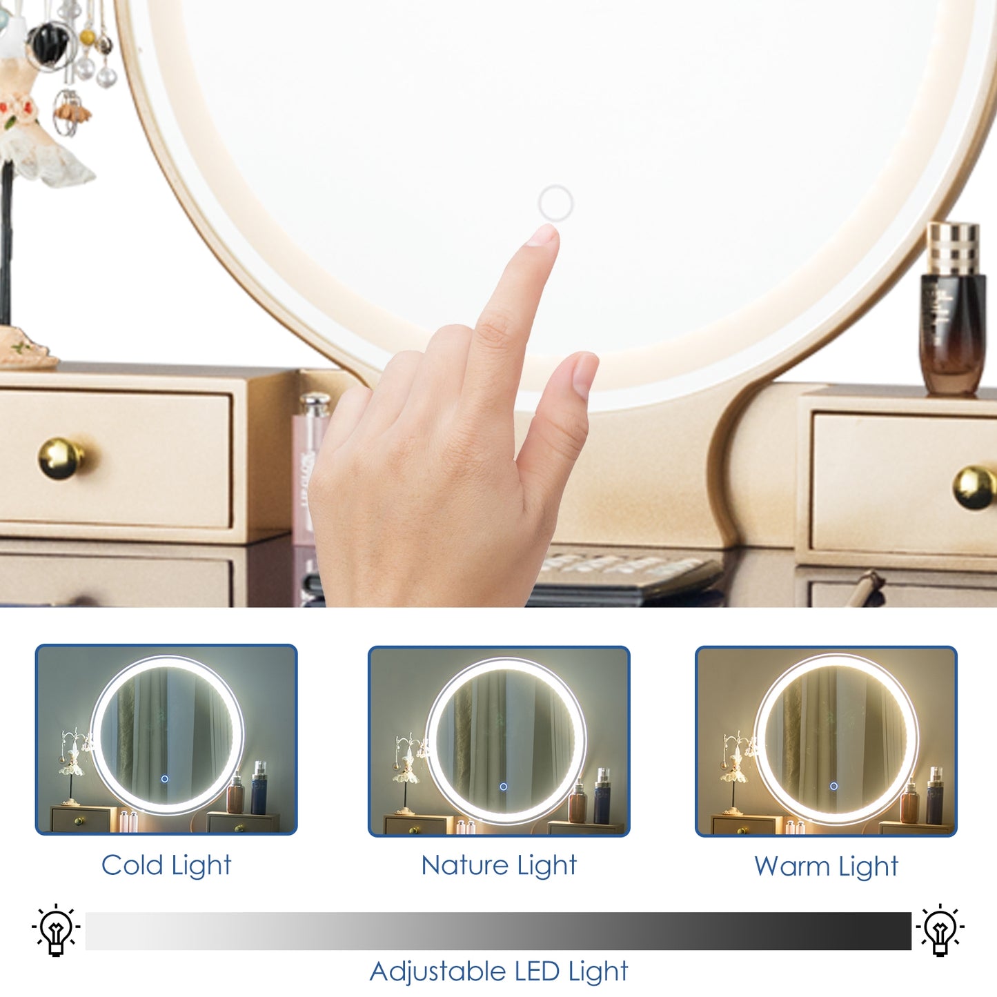Vanity Set with LED Lighted Mirror, 4 Storage Drawers, Jewelry Organizer, and Cushioned Stool – Blue