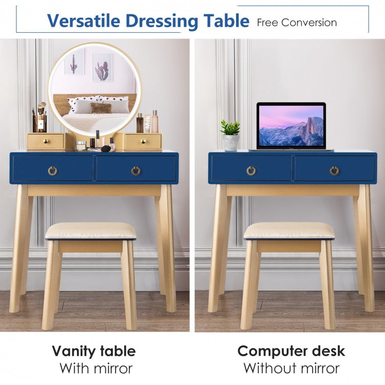 Vanity Set with LED Lighted Mirror, 4 Storage Drawers, Jewelry Organizer, and Cushioned Stool – Blue