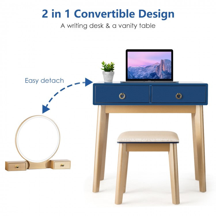 Vanity Set with LED Lighted Mirror, 4 Storage Drawers, Jewelry Organizer, and Cushioned Stool – Blue
