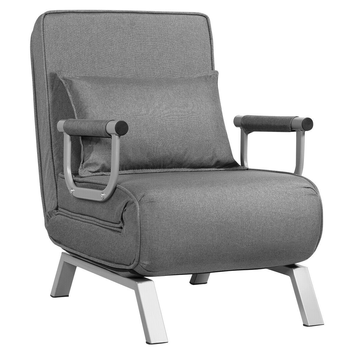 6 Position Folding Sleeper Armchair with Pillow and Sturdy Metal Frame in Grey