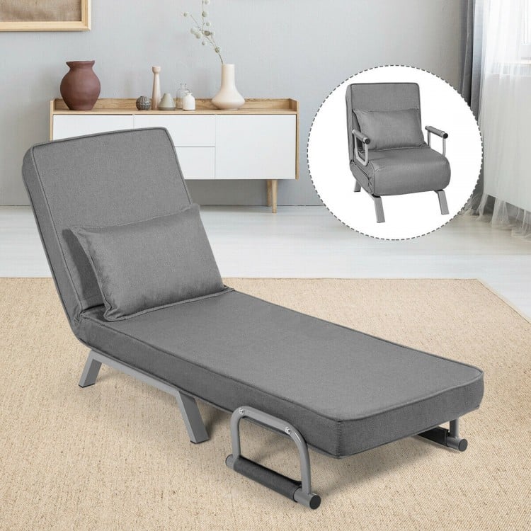 6 Position Folding Sleeper Armchair with Pillow and Sturdy Metal Frame in Grey