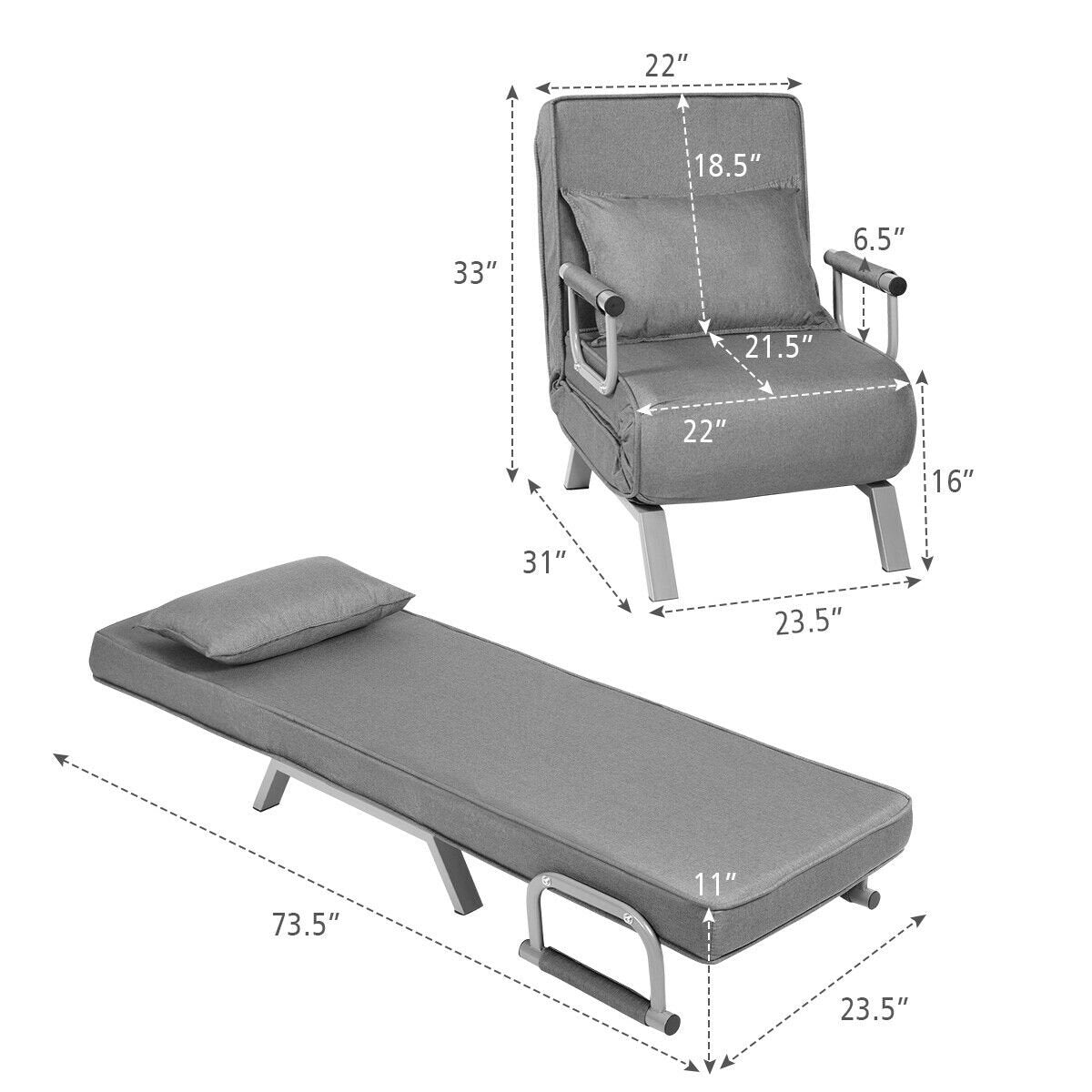 6 Position Folding Sleeper Armchair with Pillow and Sturdy Metal Frame in Grey