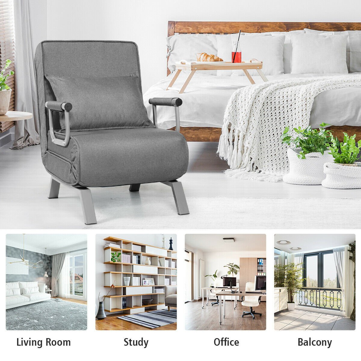 6 Position Folding Sleeper Armchair with Pillow and Sturdy Metal Frame in Grey