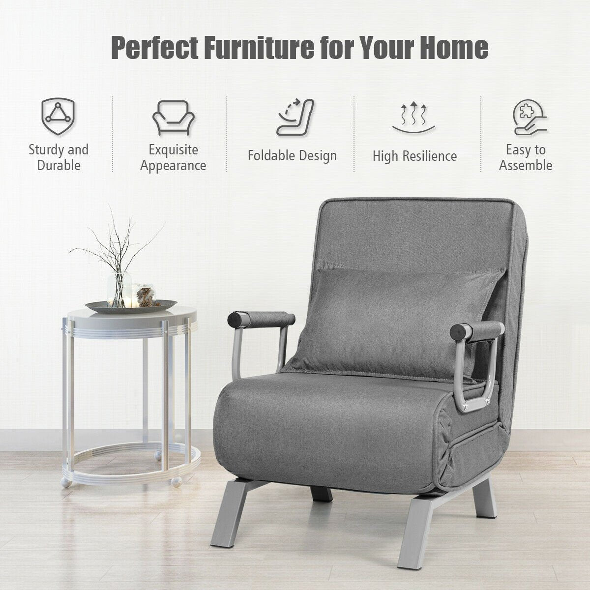 6 Position Folding Sleeper Armchair with Pillow and Sturdy Metal Frame in Grey