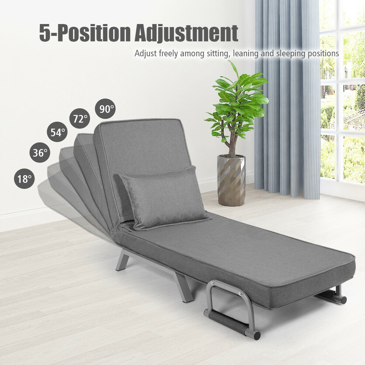 6 Position Folding Sleeper Armchair with Pillow and Sturdy Metal Frame in Grey