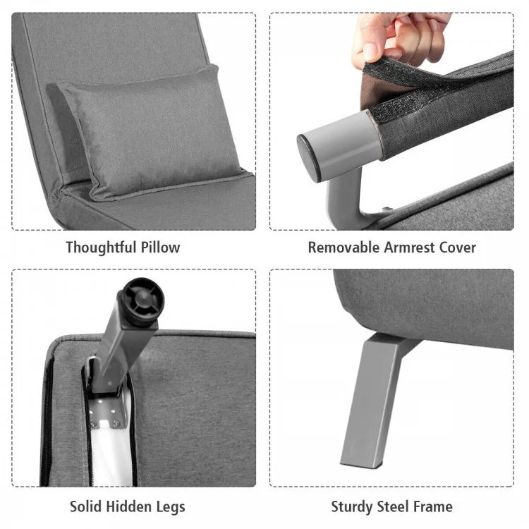 6 Position Folding Sleeper Armchair with Pillow and Sturdy Metal Frame in Grey