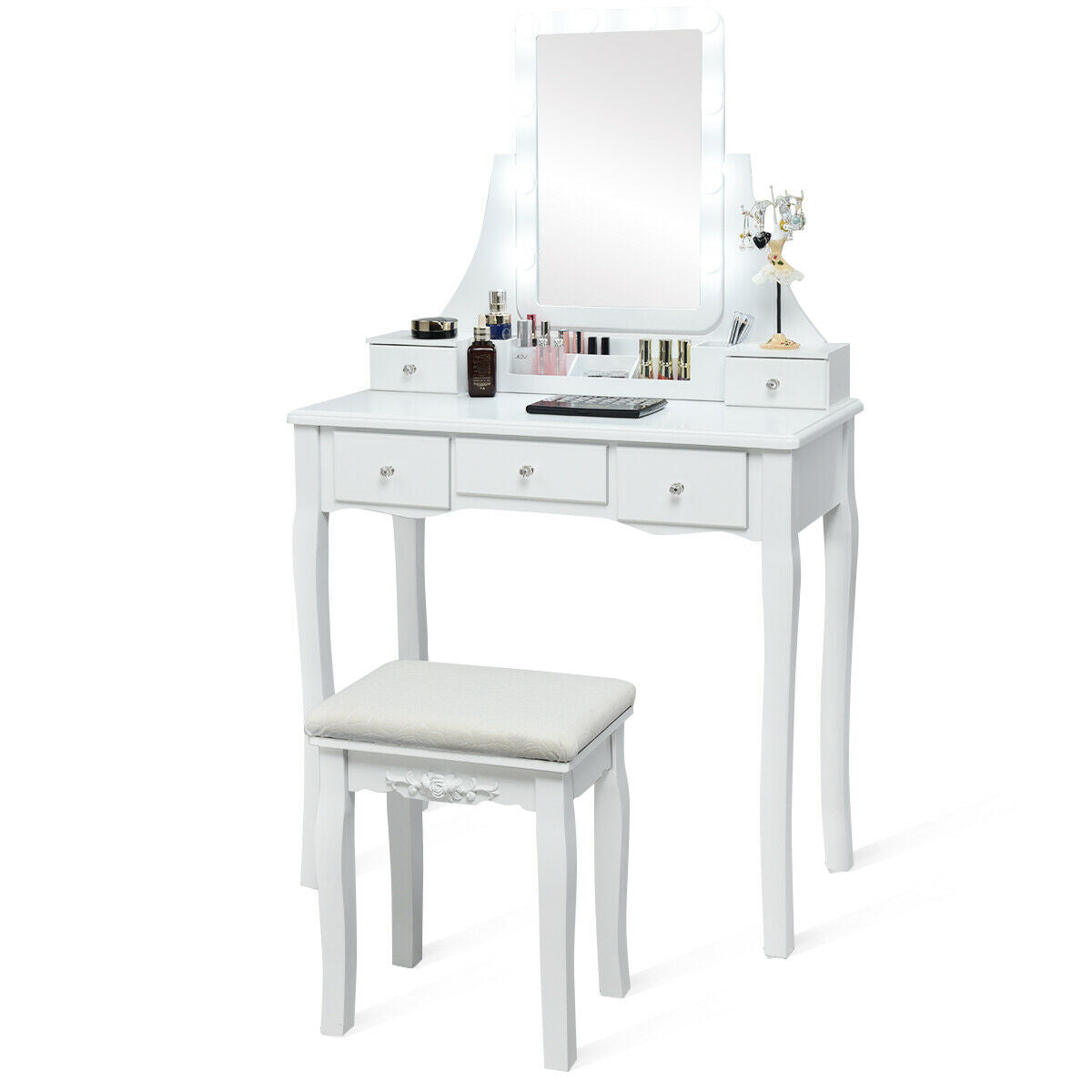 Makeup Vanity with Dimmable LED Lights, Storage Drawers, 360° Mirror and Stool – White