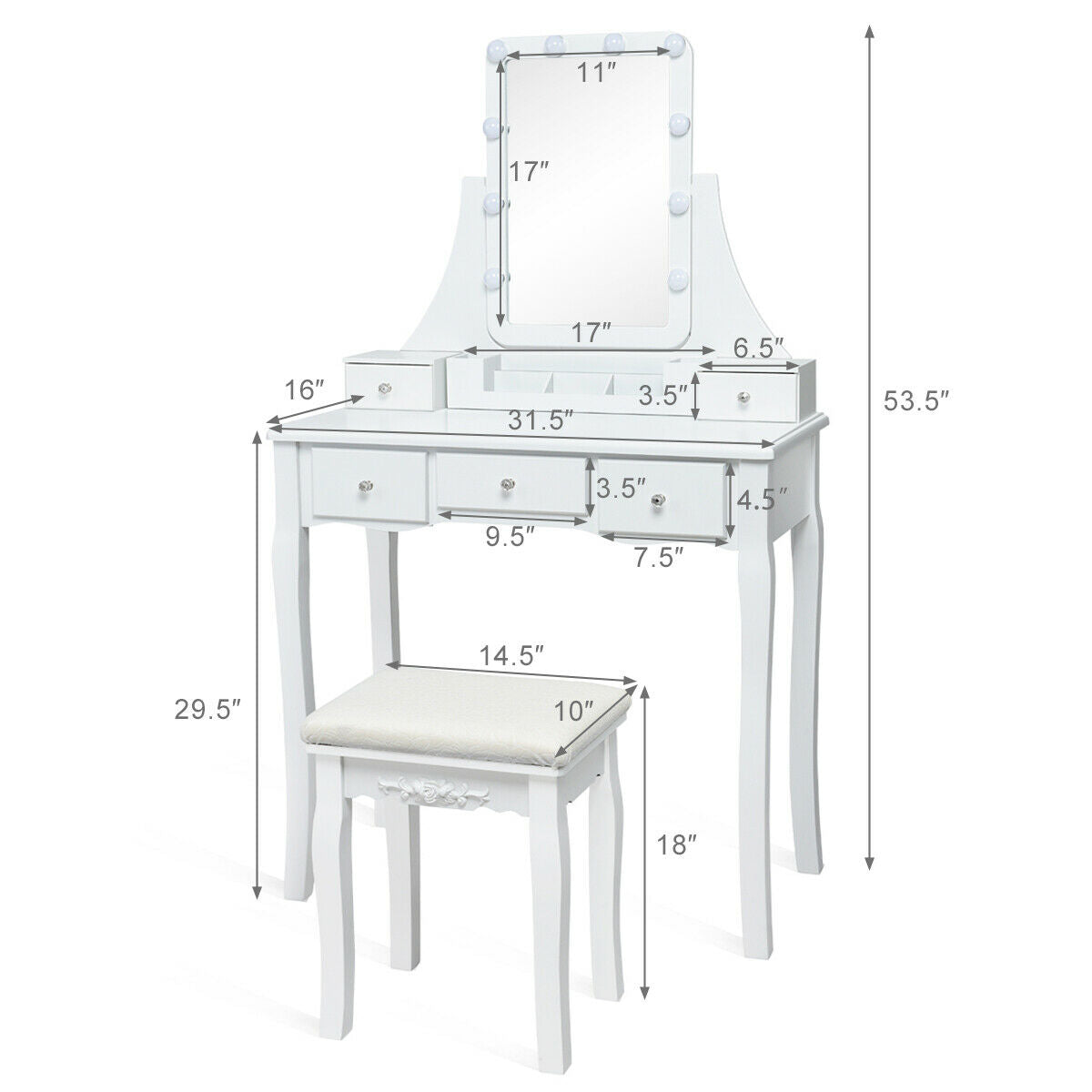 Makeup Vanity with Dimmable LED Lights, Storage Drawers, 360° Mirror and Stool – White