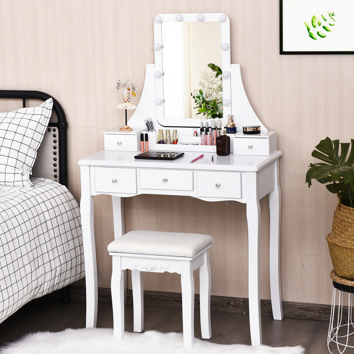 Makeup Vanity with Dimmable LED Lights, Storage Drawers, 360° Mirror and Stool – White