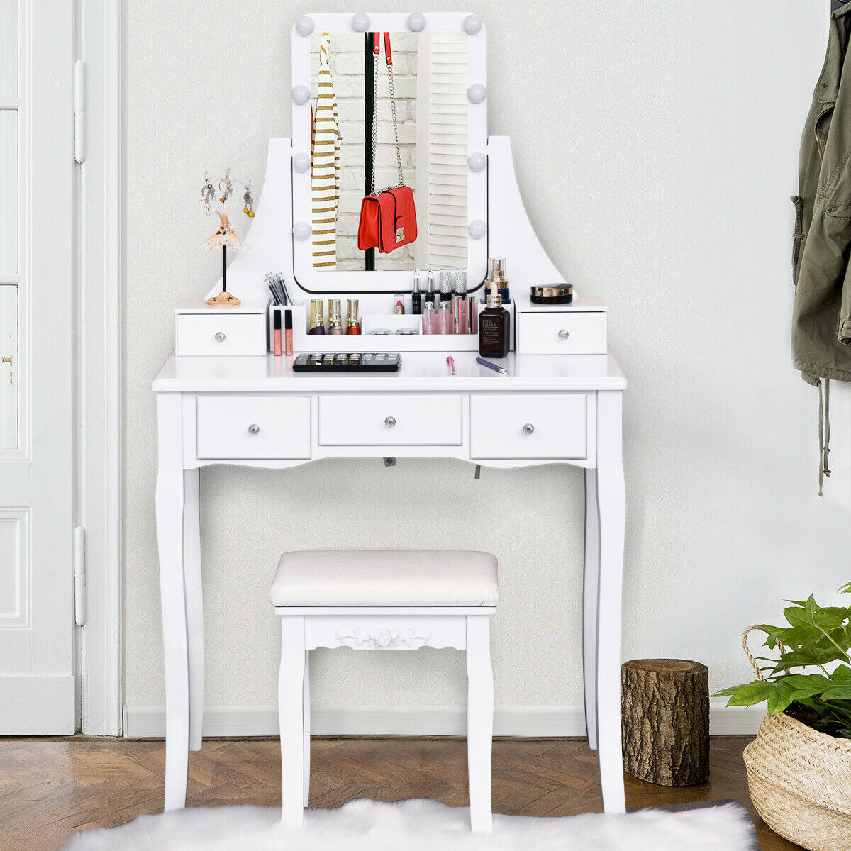 Makeup Vanity with Dimmable LED Lights, Storage Drawers, 360° Mirror and Stool – White