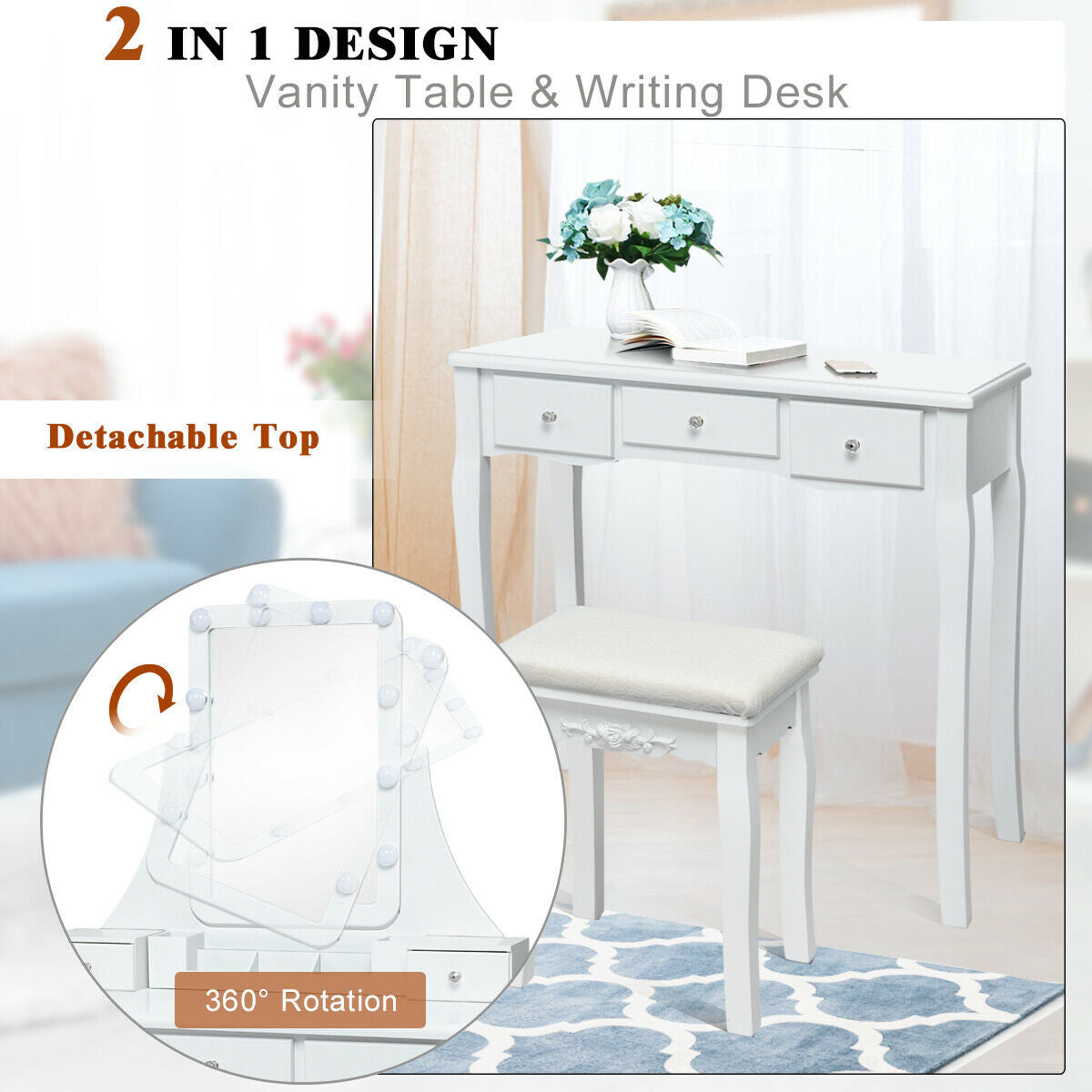 Makeup Vanity with Dimmable LED Lights, Storage Drawers, 360° Mirror and Stool – White