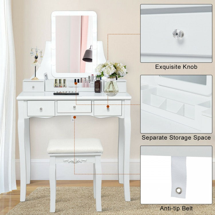 Makeup Vanity with Dimmable LED Lights, Storage Drawers, 360° Mirror and Stool – White
