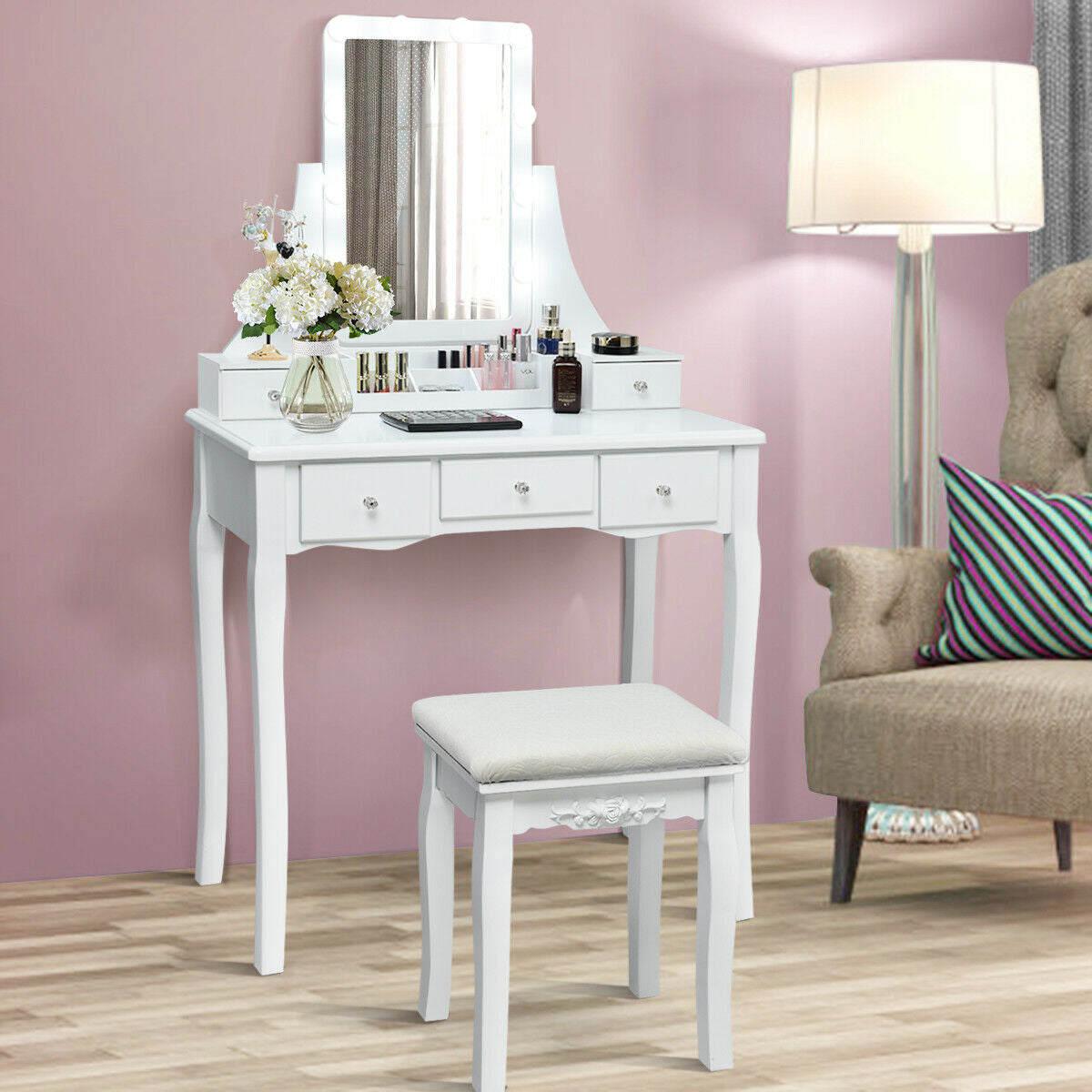 Makeup Vanity with Dimmable LED Lights, Storage Drawers, 360° Mirror and Stool – White