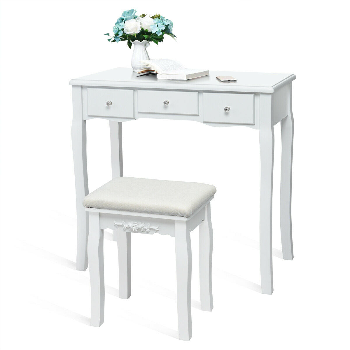 Makeup Vanity with Dimmable LED Lights, Storage Drawers, 360° Mirror and Stool – White