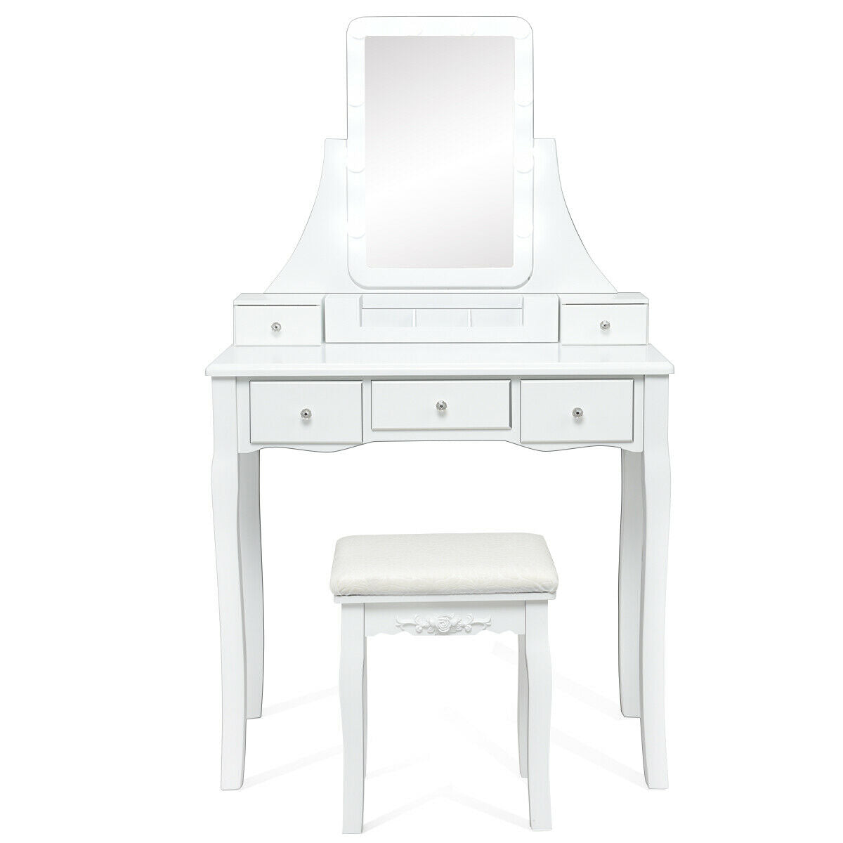 Makeup Vanity with Dimmable LED Lights, Storage Drawers, 360° Mirror and Stool – White